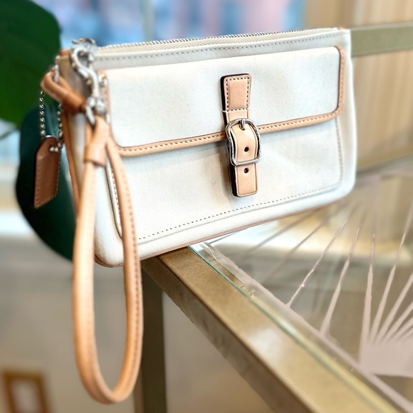 Coach Handbags - Coach Wristlet - Buckle Front - Leather Trim - Neutral Colors